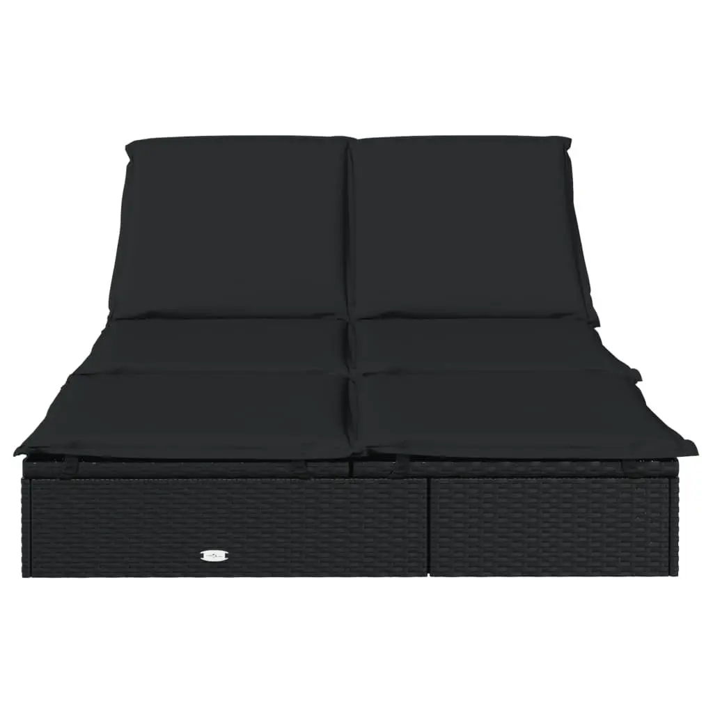 2-Person Sunbed Lounger with Cushions Black Poly Rattan Adjustable Daybed