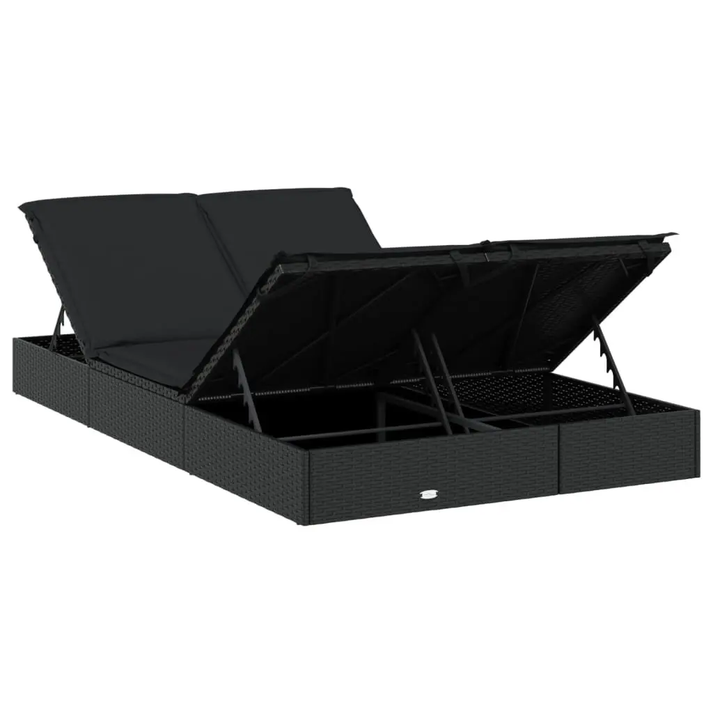 2-Person Sunbed Lounger with Cushions Black Poly Rattan Adjustable Daybed