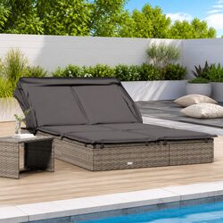 2-Person Sunbed Foldable Roof Lounger Outdoor Garden Patio Reclining Daybed Grey