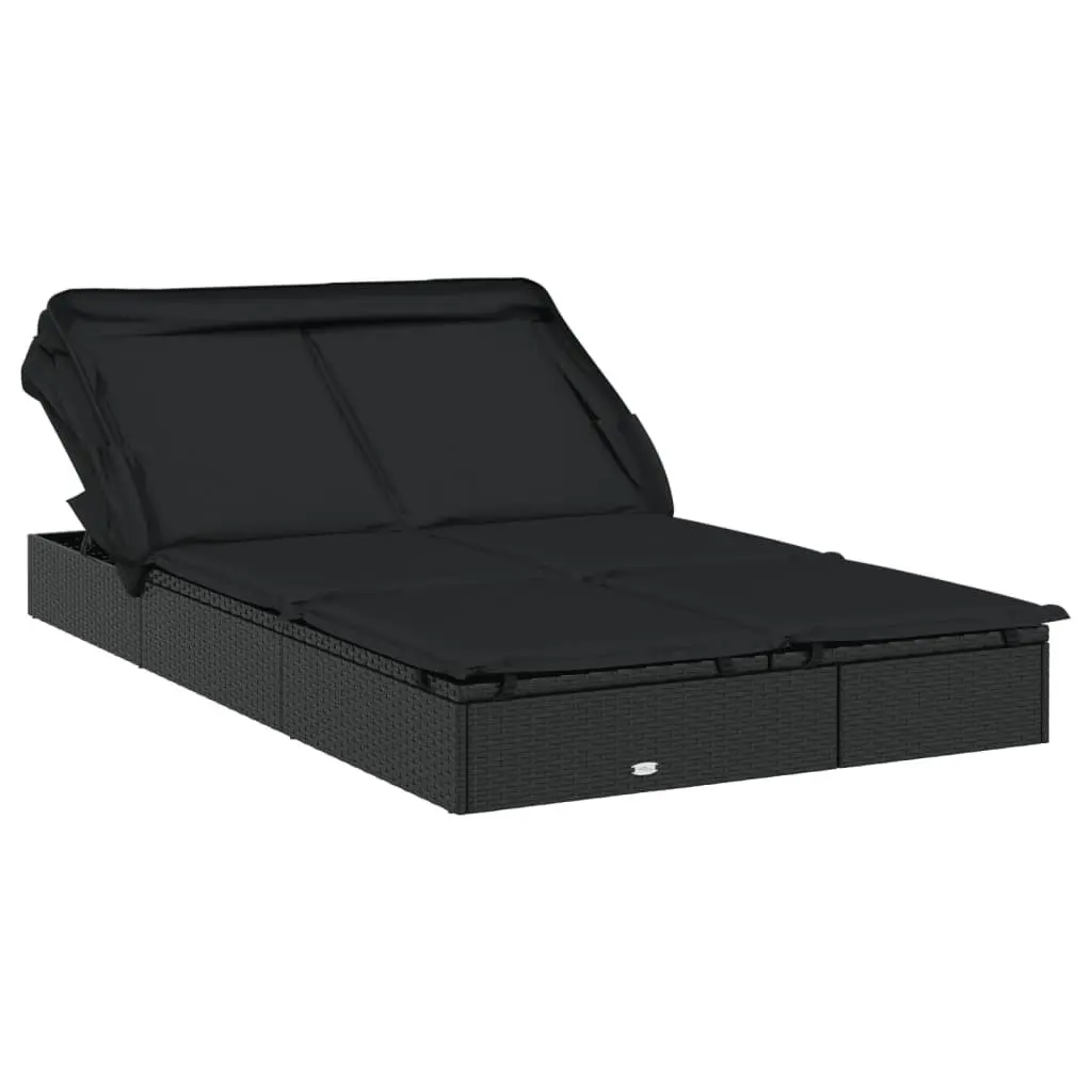Sun Lounger 2-Person Foldable Canopy Roof PE Rattan Black Outdoor Seating