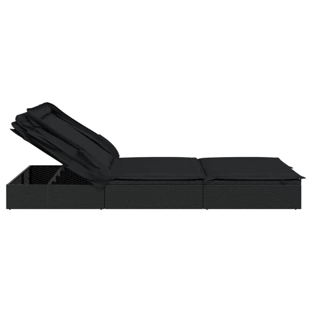 Sun Lounger 2-Person Foldable Canopy Roof PE Rattan Black Outdoor Seating