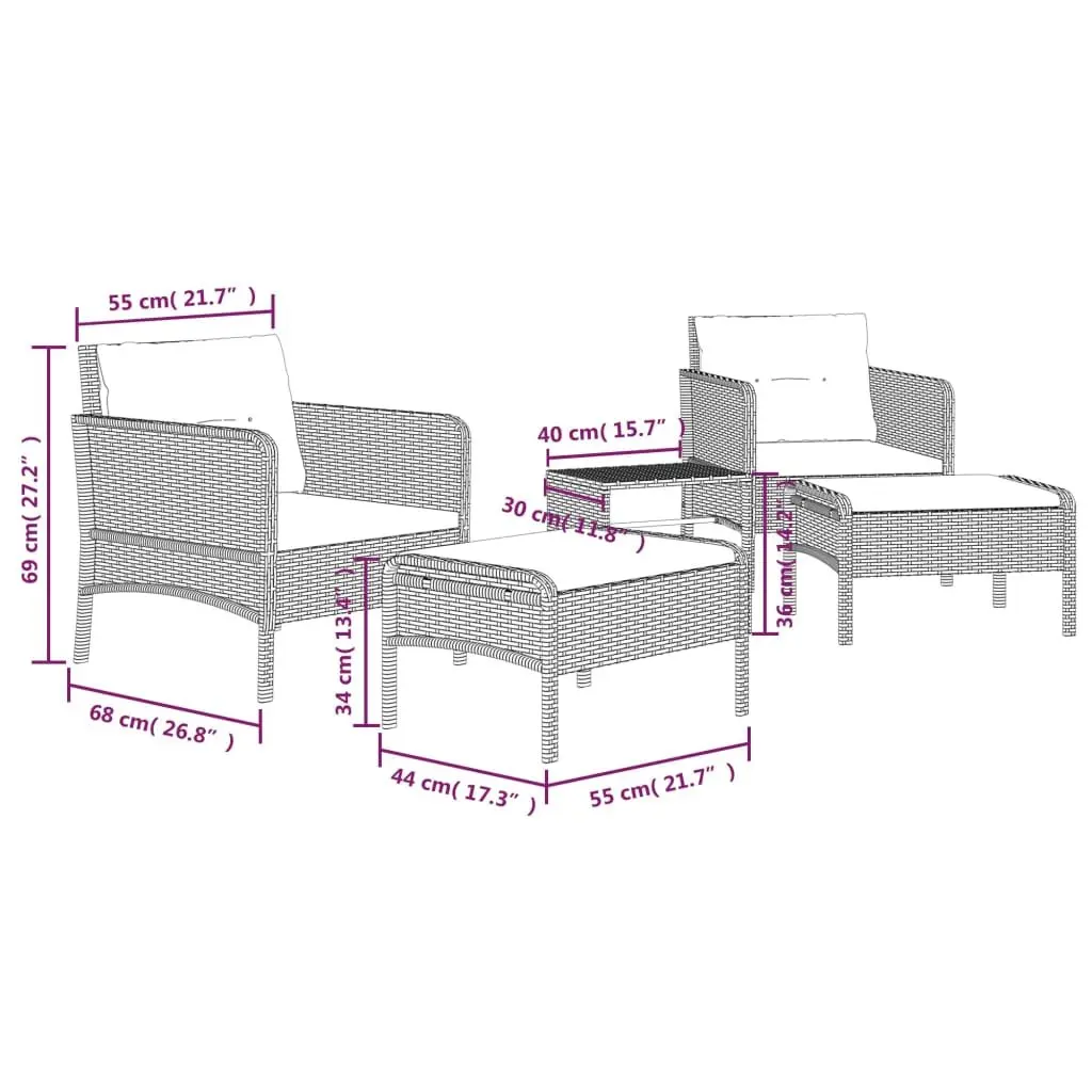 5 Piece Grey Garden Lounge Set Outdoor Patio Furniture with Cushions