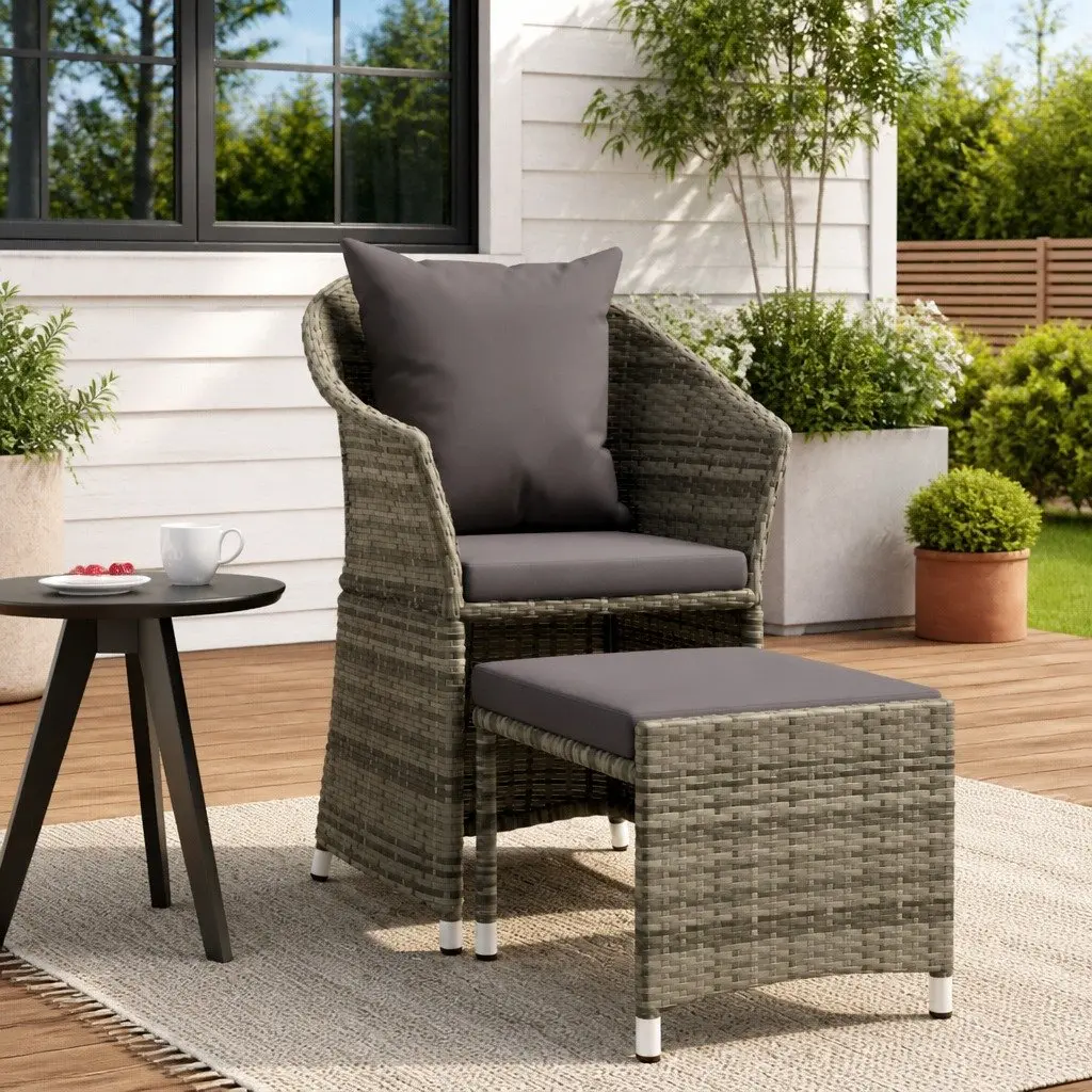2 Piece Garden Lounge Set Grey Poly Rattan Outdoor Furniture with Cushions Stool