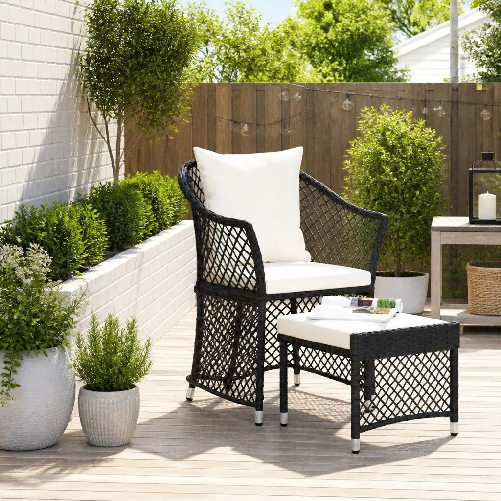 2 Piece Garden Lounge Set Outdoor Furniture Black Poly Rattan with Cushions