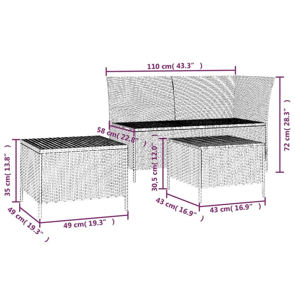 3 Piece Garden Lounge Set with Cushions Black Poly Rattan Outdoor Furniture