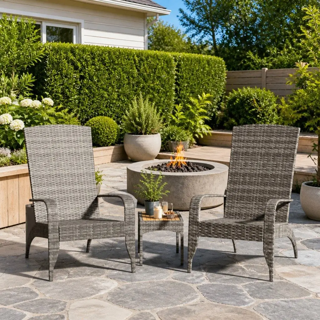 Adirondack Chair Grey Poly Rattan Outdoor Seating Lounger with Deep Seat and High Backrest
