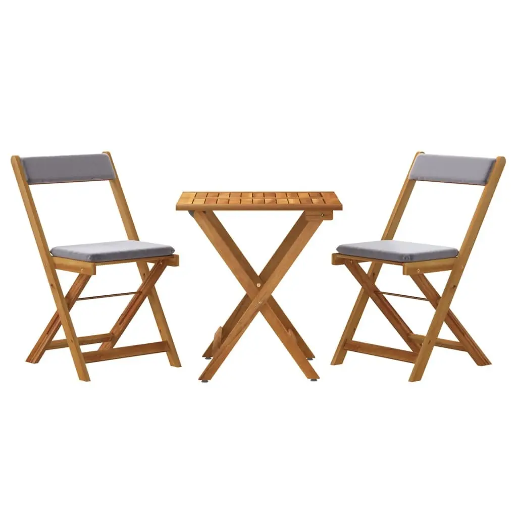3 Piece Folding Bistro Set with Cushions Solid Acacia Wood Brown Outdoor Garden Dining Furniture
