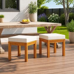 Garden Stools with Cushions 2 pcs Outdoor Foot Rests Acacia Wood Cream Seat