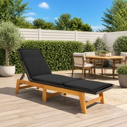 Sun Lounger with Side Table Black Poly Rattan Acacia Wood Outdoor Patio Garden