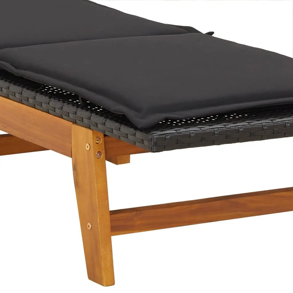 Sun Lounger Adjustable Backrest Black Poly Rattan Acacia Wood Outdoor Patio Garden