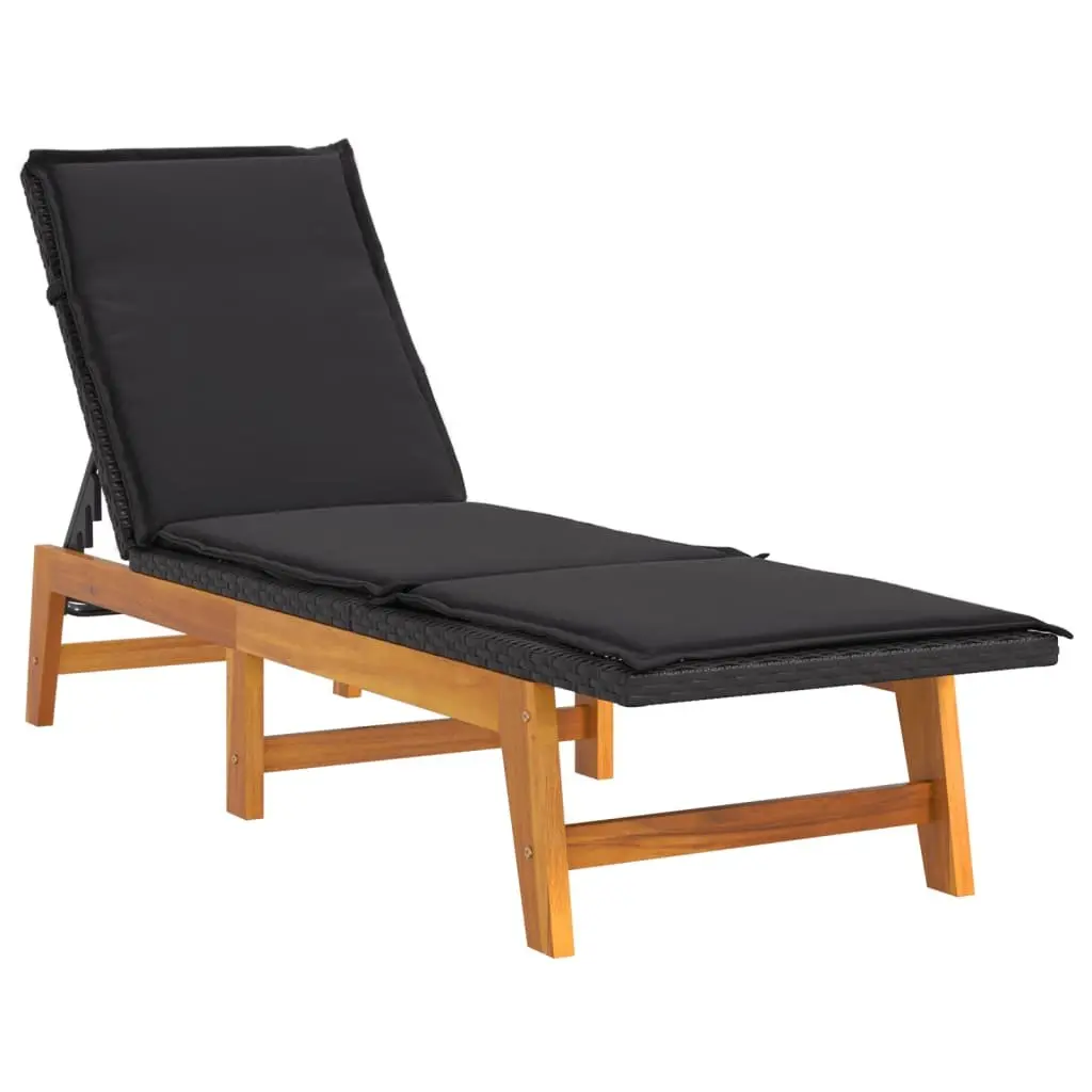 Sun Lounger Adjustable Backrest Black Poly Rattan Acacia Wood Outdoor Patio Garden