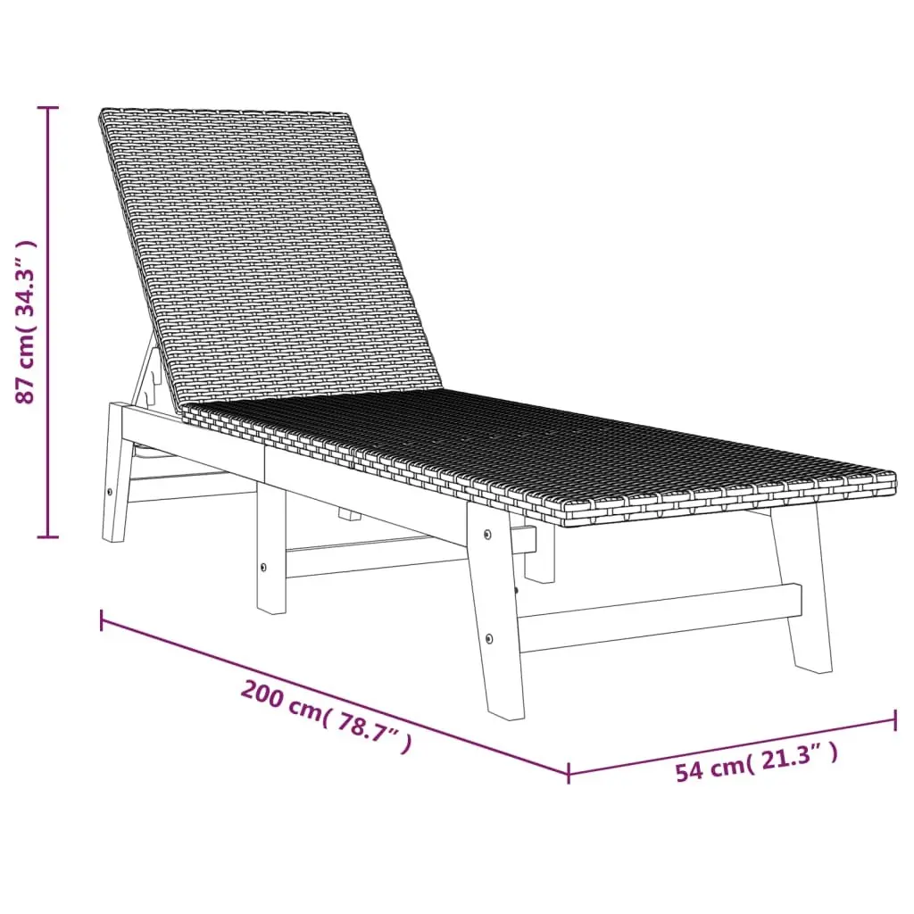 Sun Lounger Adjustable Backrest Black PE Rattan and Solid Acacia Wood Garden Patio Pool Chair