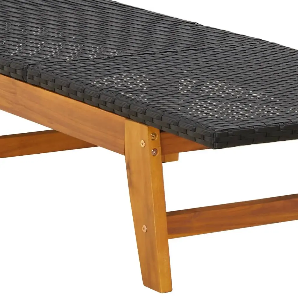 Sun Lounger Adjustable Backrest Black PE Rattan and Solid Acacia Wood Garden Patio Pool Chair