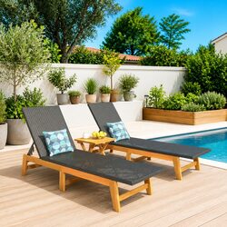 Sun Lounger 2 Piece Set Black Poly Rattan Acacia Wood Adjustable Backrest Patio