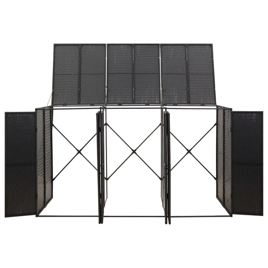 Triple Wheelie Bin Shed Durable Poly Rattan Black Garden Waste Container Enclosure 207 x 80 x 117 cm