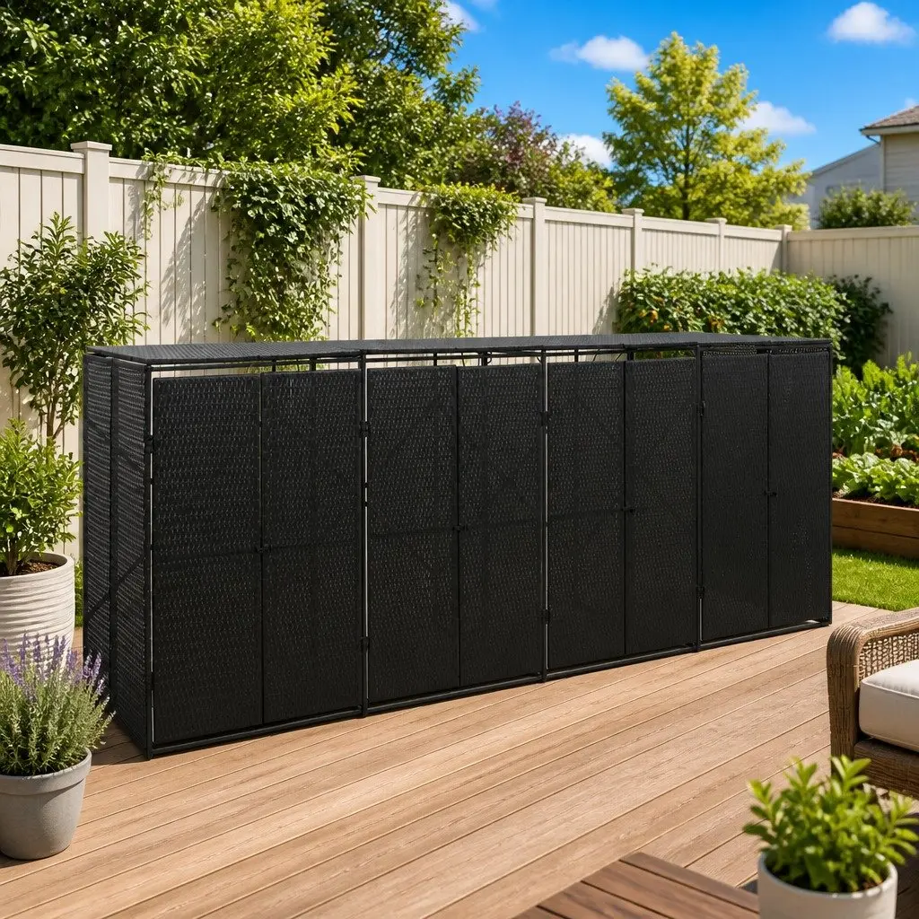 Quadruple Wheelie Bin Shed Outdoor Garden Waste Container Black Poly Rattan