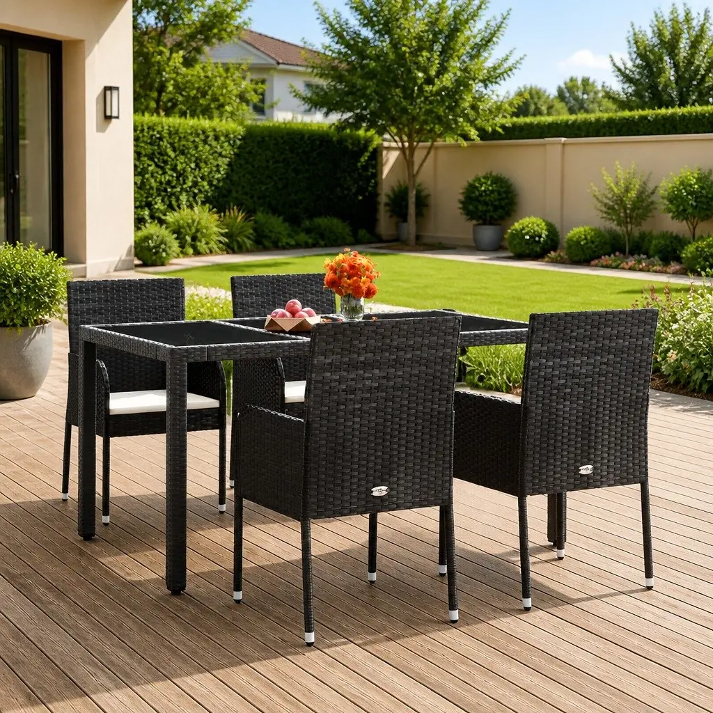Outdoor Garden Chairs Set 4 Pieces Black Poly Rattan with Cushions