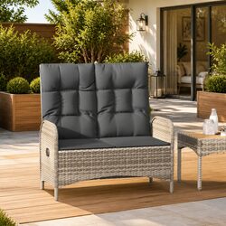 Reclining Garden Bench 107cm Outdoor Seating Poly Rattan Grey with Cushions