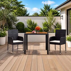 Garden Table Outdoor Dining Poly Rattan Black with Wooden Top Patio Furniture