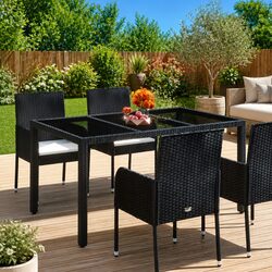 Outdoor Garden Table Tempered Glass Top Black Poly Rattan Patio Furniture