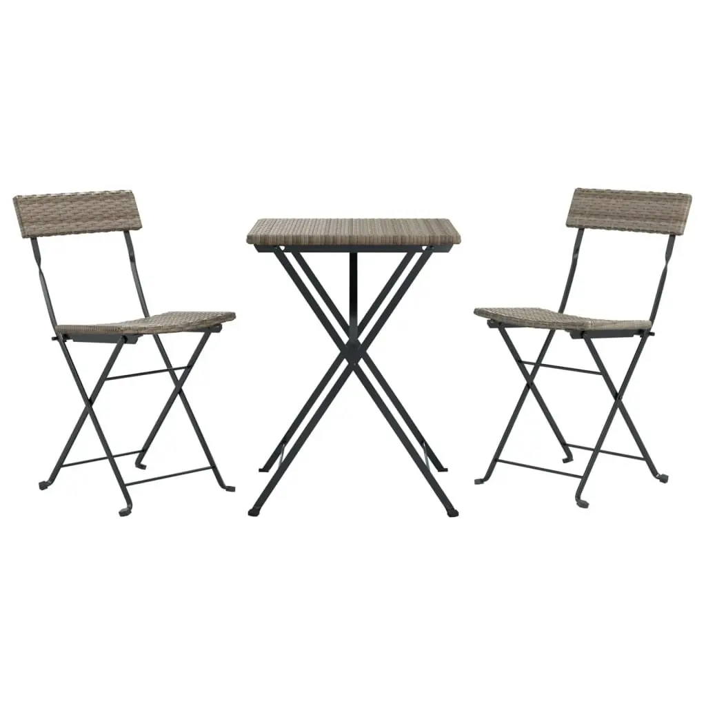 Folding Bistro Set 3 Piece Grey Poly Rattan Outdoor Garden Patio Dining Table