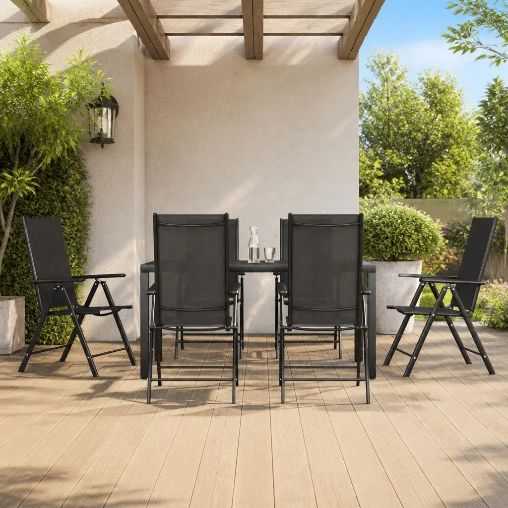 Garden Dining Set 7 Piece Black Outdoor Furniture Patio Table and Reclining Chairs