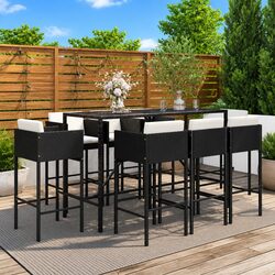 Outdoor Garden Bar Set 9 Piece Black Poly Rattan Patio Furniture with Cushions