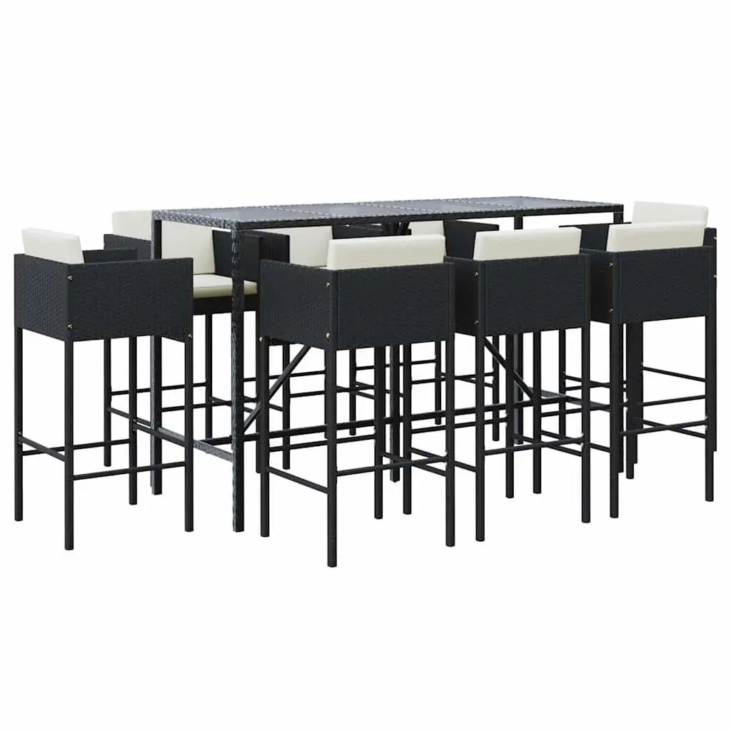 Outdoor Garden Bar Set 9 Piece Black Poly Rattan Patio Furniture with Cushions