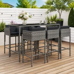 Garden Bar Set 7 Piece Outdoor Patio Furniture with Cushions Grey Rattan Stools