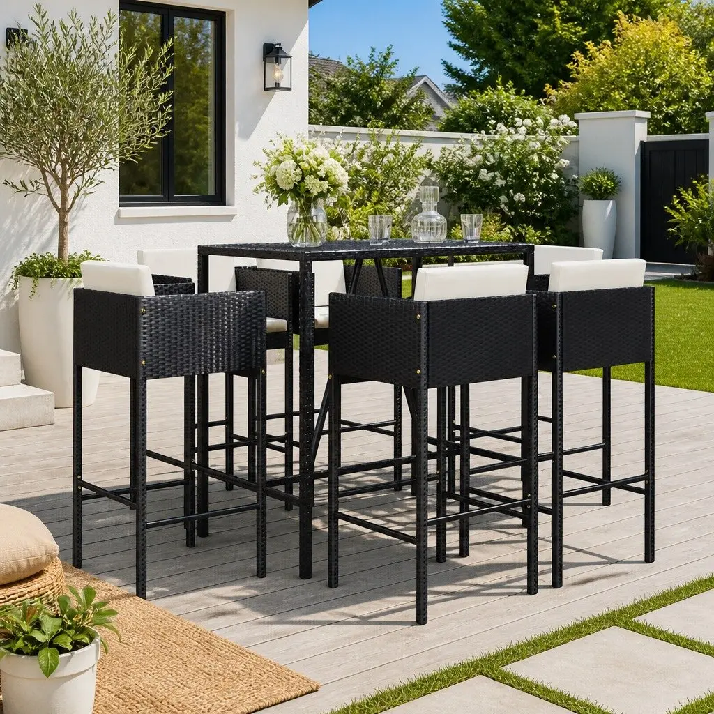 Garden Bar Set 7 Piece Outdoor Furniture Patio Stool Table Cushioned Seating