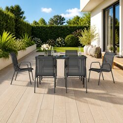 Outdoor Garden Dining Set 7 Piece Steel Textilene Chairs Table Black Patio