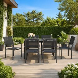 7 Piece Outdoor Garden Dining Set Black Steel Textilene Chairs Table Patio