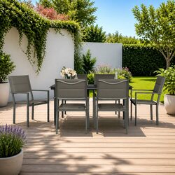 7 Piece Outdoor Dining Set Black Steel Frame Textilene Chairs Glass Table