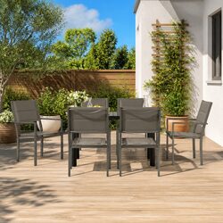 7 Piece Outdoor Dining Set Black Steel Textilene Chairs Glass Table Patio