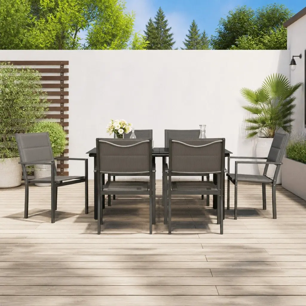 7 Piece Outdoor Garden Dining Set Black Steel Chairs Table Patio Furniture