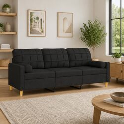 3-Seater Sofa Black Fabric Modern Lounge Couch with Throw Pillows 180cm Living