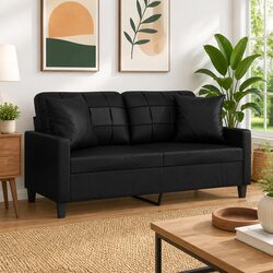 2-Seater Sofa Black Faux Leather Modern Lounge Couch with Throw Pillows 140cm