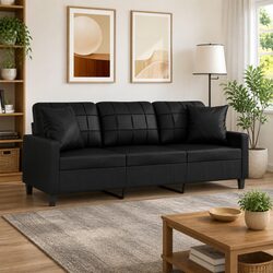 3-Seater Sofa Black Faux Leather Modern Design Lounge Couch with Throw Pillows