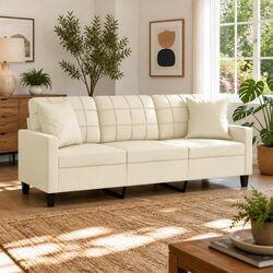 3-Seater Sofa Cream Faux Leather Modern Lounge Couch with Throw Pillows 180cm
