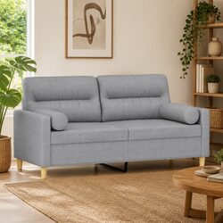 2-Seater Sofa Grey Fabric Modern Design Lounge Couch with Throw Pillows 140cm