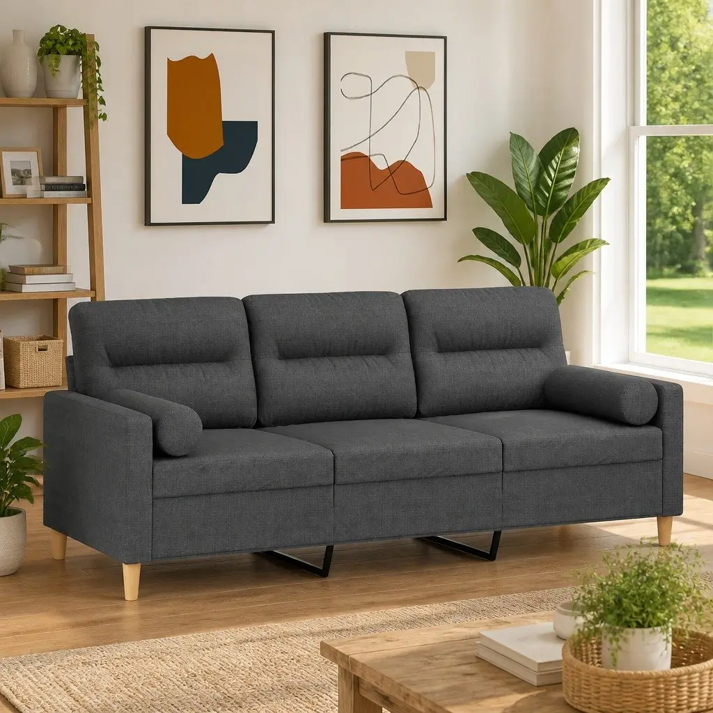 3-Seater Sofa Dark Grey Fabric 180cm Lounge Couch with Throw Pillows