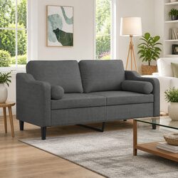 2-Seater Sofa Grey Fabric Modern Lounge Couch with Throw Pillows 140cm Living
