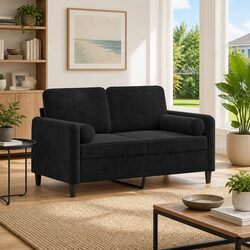 2-Seater Sofa Black 120cm Modern Lounge Couch with Throw Pillows Velvet Seat
