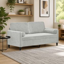 2-Seater Sofa Grey Velvet Modern Lounge Couch with Throw Pillows 140cm Living