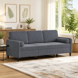 3-Seater Sofa Grey Velvet Modern Living Room Lounge Couch with Throw Pillows