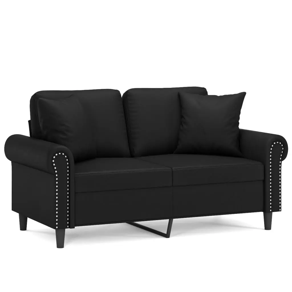2-Seater Sofa Black Faux Leather Modern Lounge with Throw Pillows 120cm