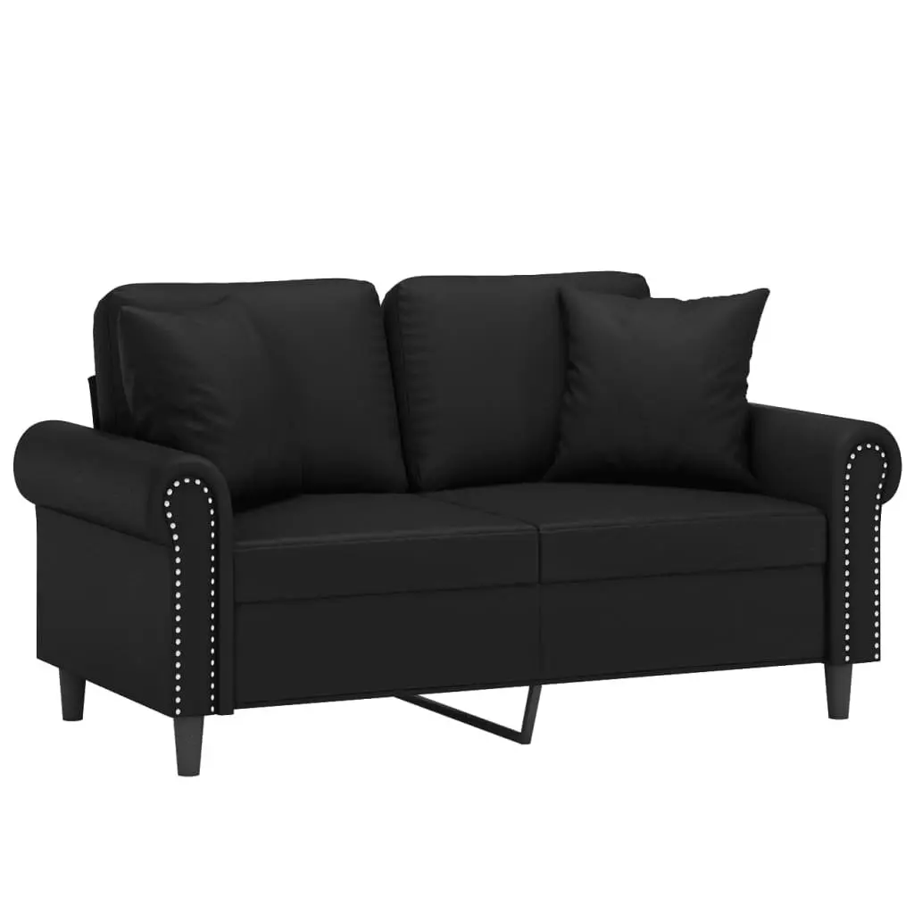 2-Seater Sofa Black Faux Leather Modern Lounge with Throw Pillows 120cm