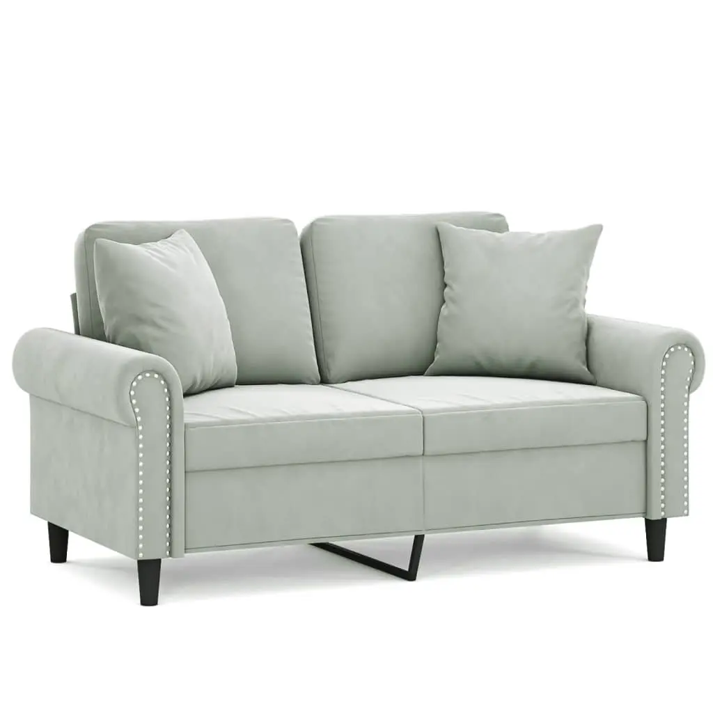 2-Seater Sofa Grey Velvet Modern Lounge Couch with Throw Pillows 120cm Living