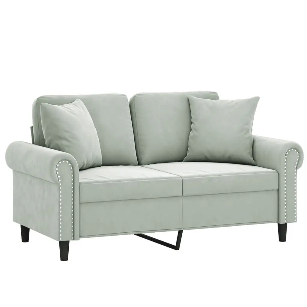 2-Seater Sofa Grey Velvet Modern Lounge Couch with Throw Pillows 120cm Living