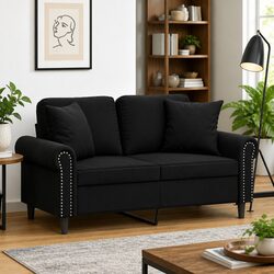 2-Seater Sofa Black Velvet 120cm Modern Lounge Couch with Throw Pillows